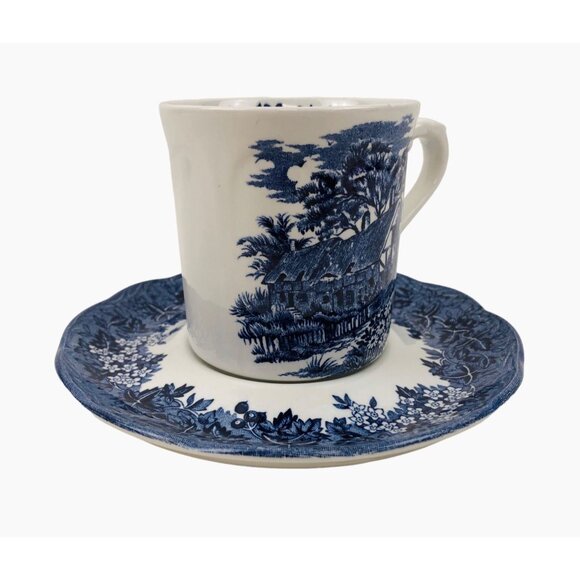 Anne Hathaway Cottage Meakin Romantic England Teacup Saucer Blue White Set - Picture 3 of 10